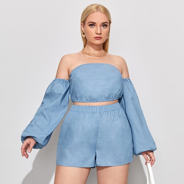

Plus Solid Crop Denim Bardot Top With Shorts, Light wash