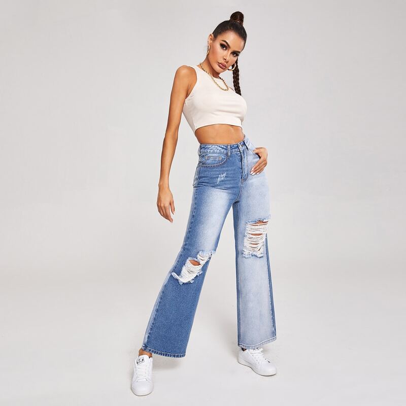 

Zipper Fly Ripped Detail Light Wash Wide Leg Jeans