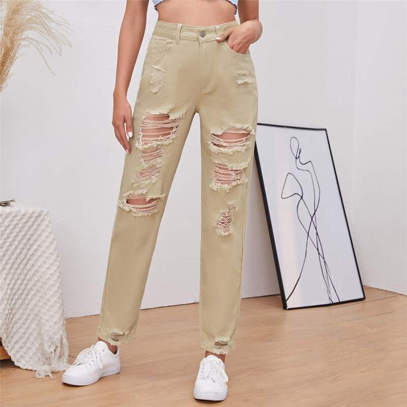 

Zipper Fly Ripped Detail Jeans, Khaki