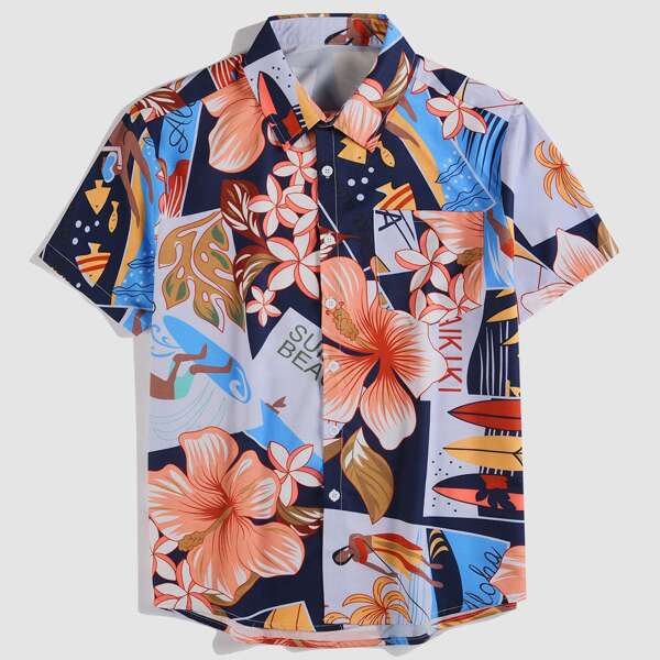 

Men Floral Print Button Up Shirt, Multicolor