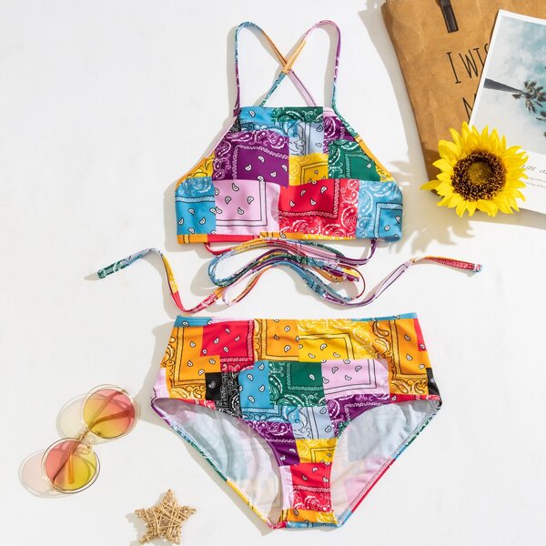 

Color Block Paisley Print High Waisted Bikini Swimsuit, Multicolor