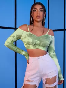 SHEIN Tie Dye Frío Hombro Detalle Plisado Crop Tee - Multicolor - Ver 1