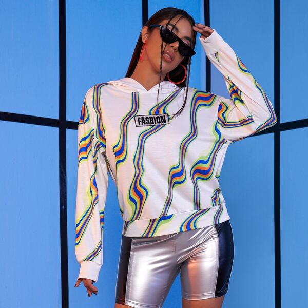 

Drop Shoulder Letter Patched Wave Striped Hoodie, White