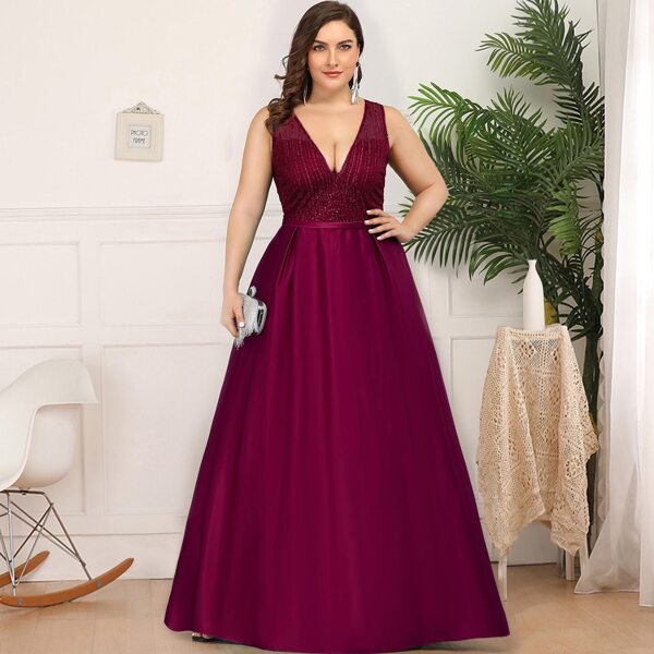 

Plus Double V Neck Sequin Bodice Satin Prom Dress, Purple