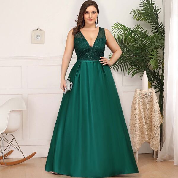 

Plus Double V Neck Sequin Bodice Satin Prom Dress, Green
