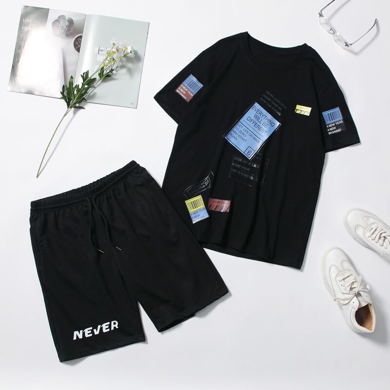 

Guys Letter Graphic Tee & Drawstring Shorts, Black