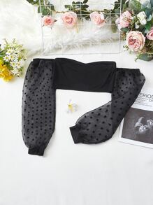 SHEIN X Naz Off Shoulder Dobby Mesh Sleeve Top - Black - View 1