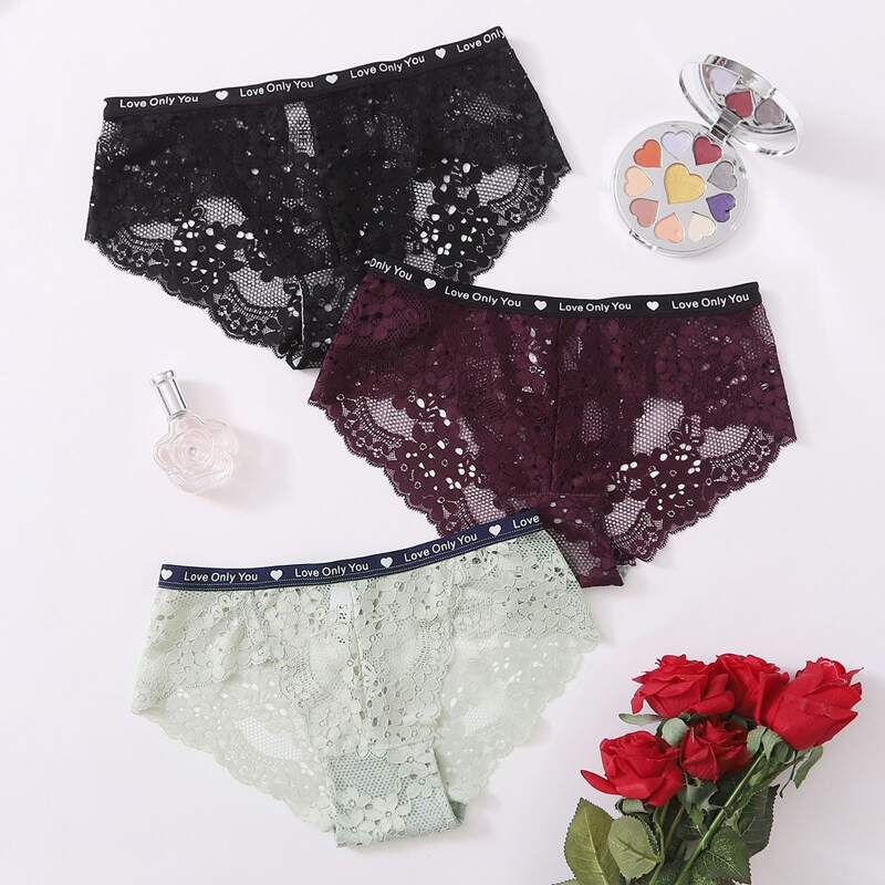 

3pack Floral Lace Letter Tape Panty Set, Multicolor