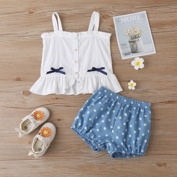 

Toddler Girls Frill Trim Cami Top & Polka Dot Shorts, Blue and white
