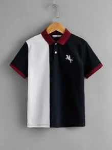SHEIN 男孩圖案刺繡拼色POLO衫 - 彩色 - 查看 1