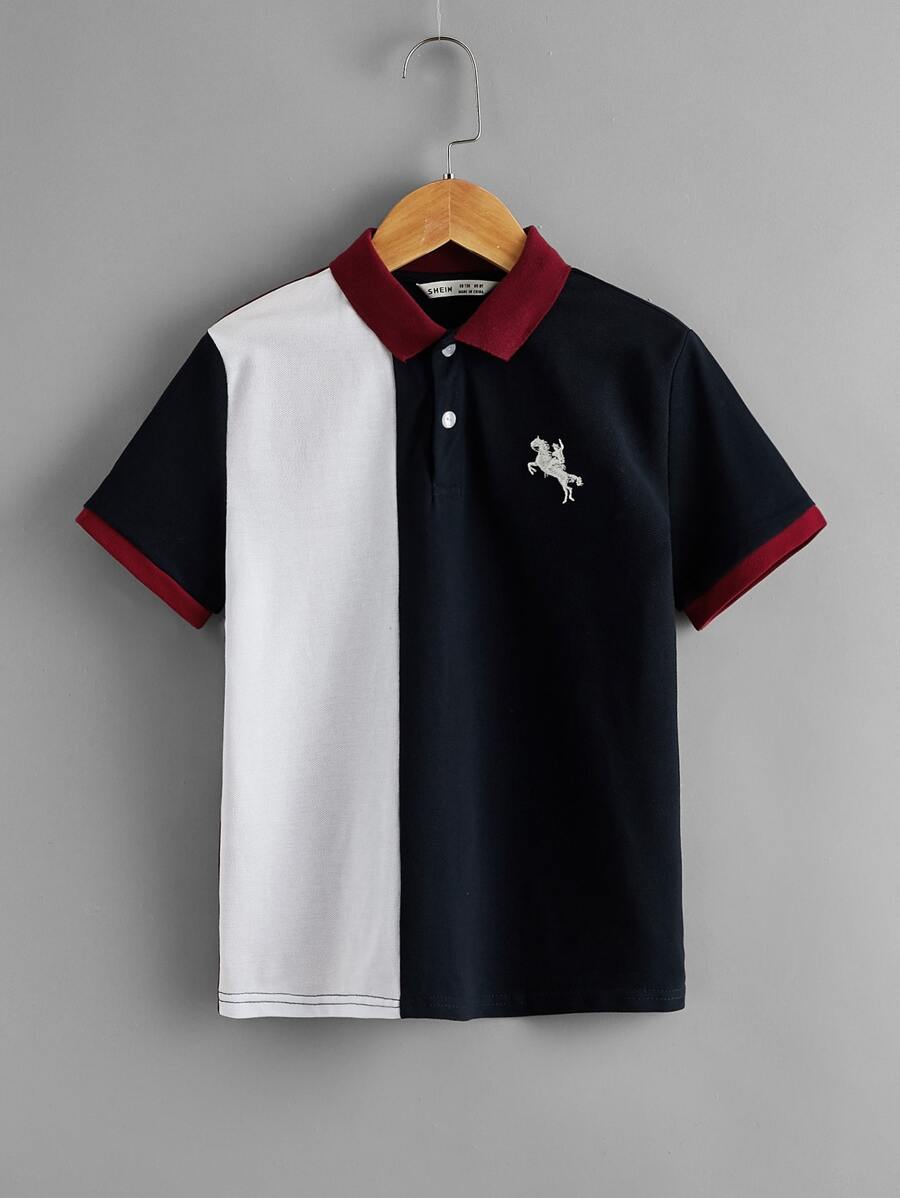 SHEIN 男孩圖案刺繡拼色POLO衫 - 彩色 - 查看 1