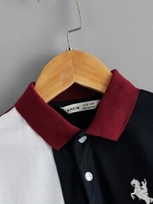 SHEIN 男孩圖案刺繡拼色POLO衫 - 彩色 - 查看 4