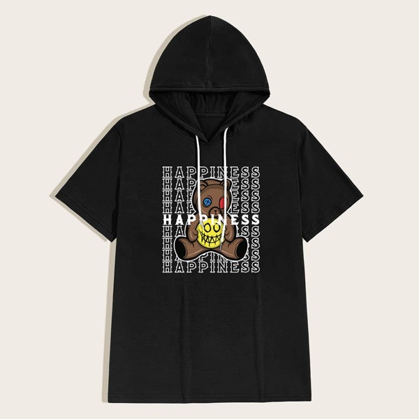 

Men Cartoon And Letter Graphic Hooded Tee, Black
