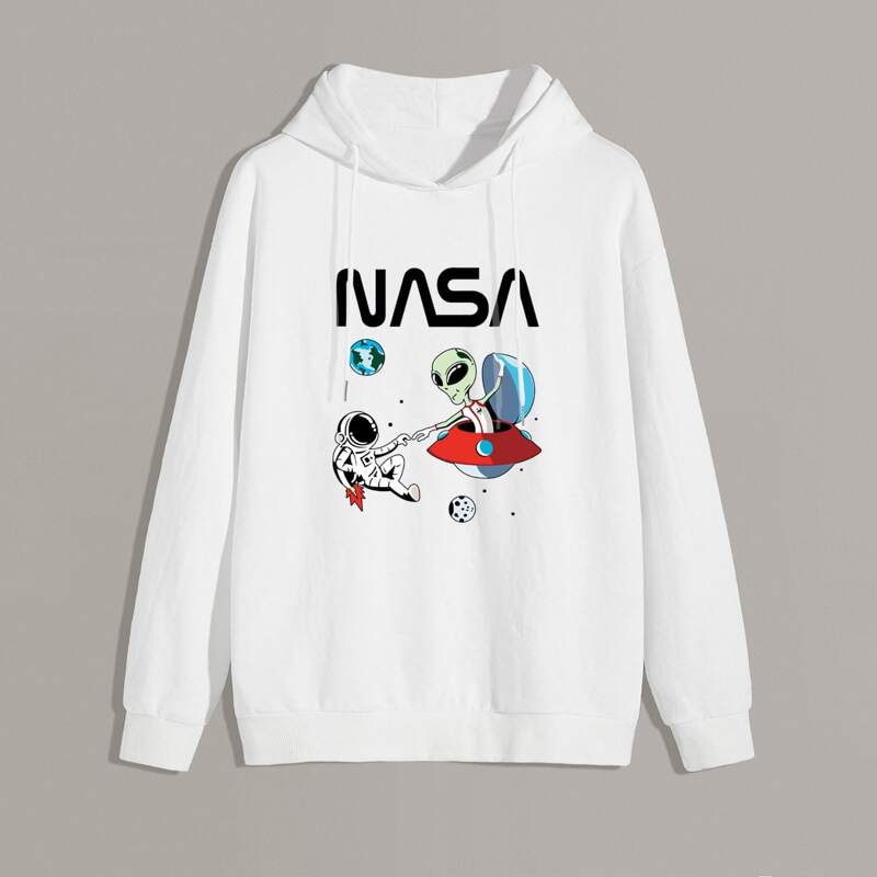 

Guys Cartoon And Letter Graphic Drawstring Hoodie, White