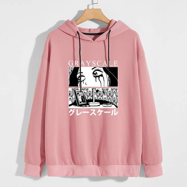 

Men Japanese Letter And Figure Graphic Hoodie, Dusty purple