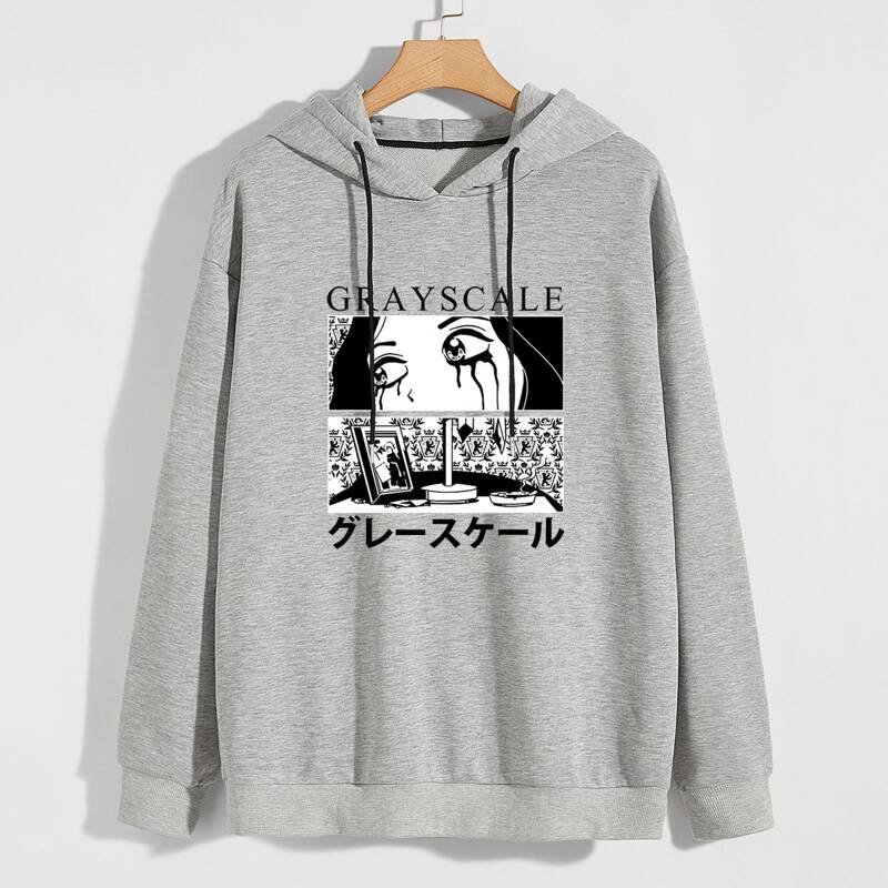 

Guys Japanese Letter And Figure Graphic Hoodie, Light grey