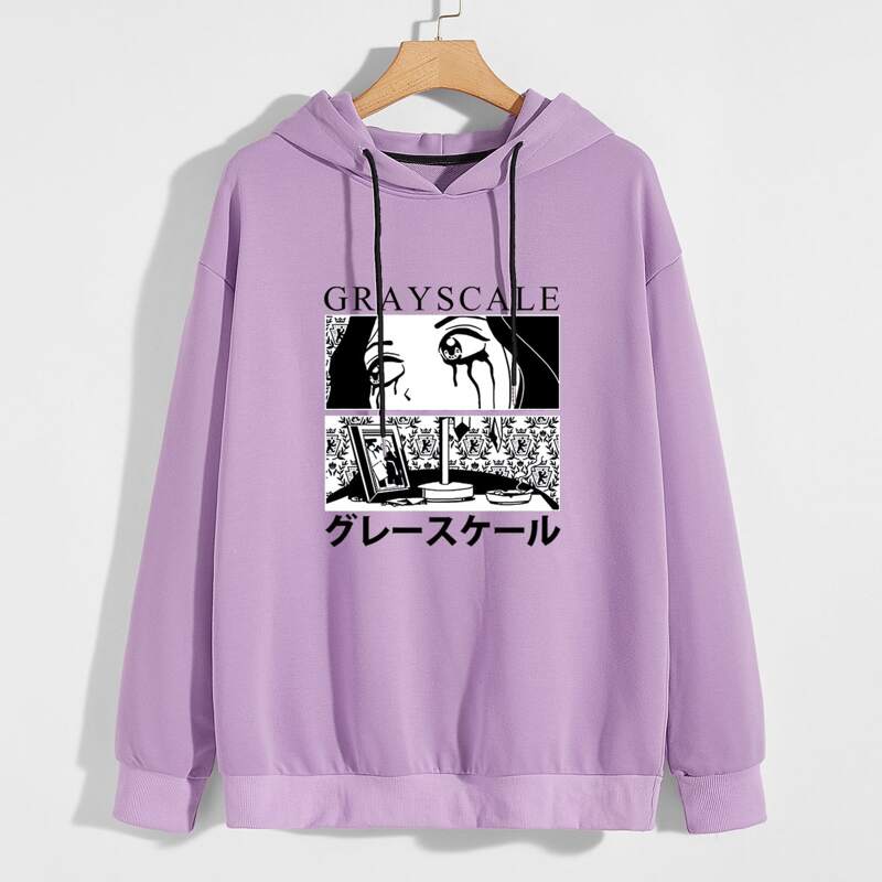 

Guys Japanese Letter And Figure Graphic Hoodie, Lilac purple