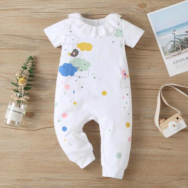 

Baby Girl Eyelet Embroidery Ruffle Cartoon Jumpsuit, White