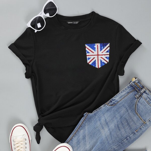 

Contrast Sequin Patch Pocket Tee, Black