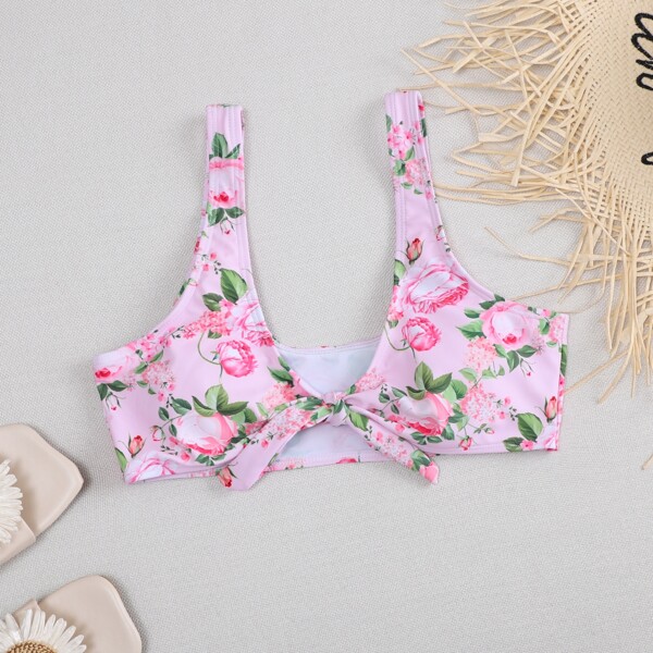 

Floral Random Print Tie Front Bikini Top, Baby pink