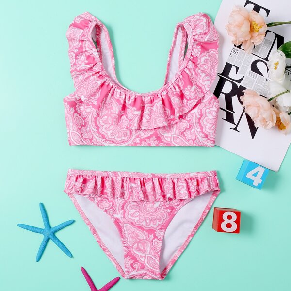 

Girls Paisley Print Ruffle Bikini Swimsuit, Pastel baby pink