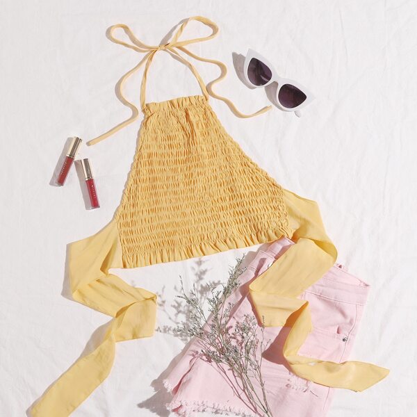 

Solid Shirred Tie Back Halter Top, Yellow