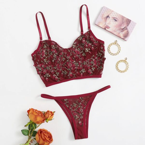

Embroidered Mesh Push Up Lingerie Set, Burgundy