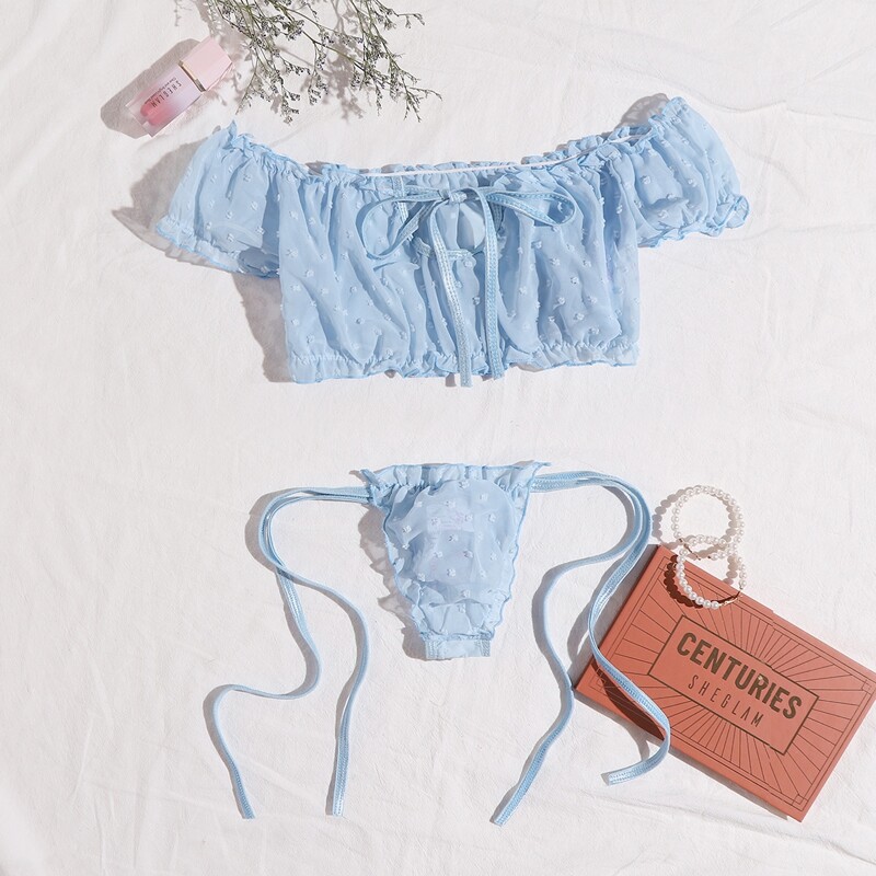 

Swiss Dot Mesh Tie Front Lingerie Set, Blue pastel