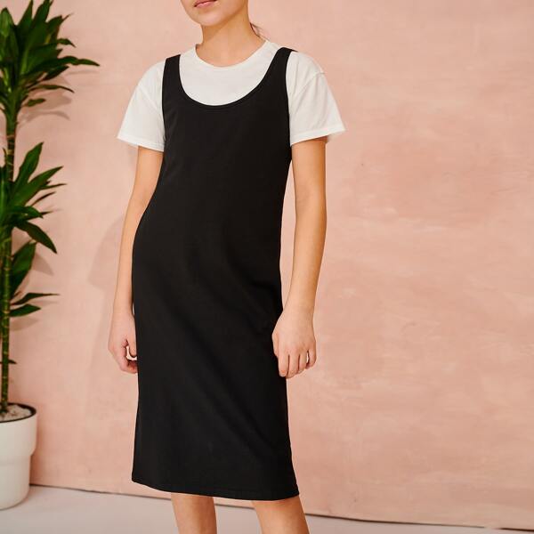 

Girls Drop Shoulder Tee With Dress Set, Black and white