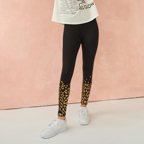 

Girls Glitter Leopard Print Leggings, Black