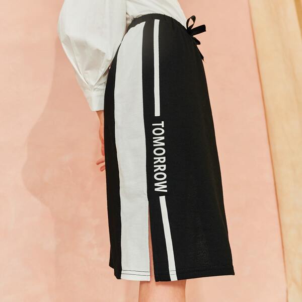 

Girls Letter Graphic Stripe Side Split Hem Skirt, Black