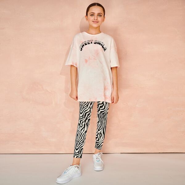 

Girls Tie Dye Drop Shoulder Tee & Zebra Print Leggings Set, Multicolor