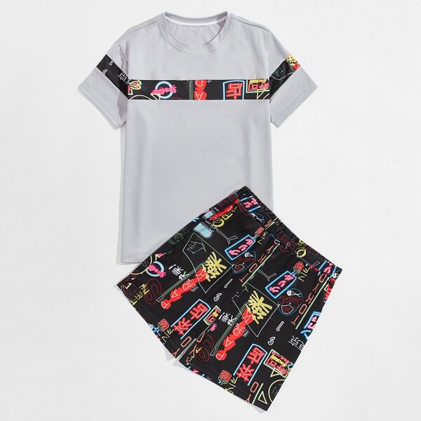

Men Graffiti Print Tee With Shorts, Multicolor