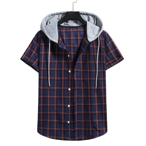 

Men Contrast Hooded Plaid Shirt, Multicolor