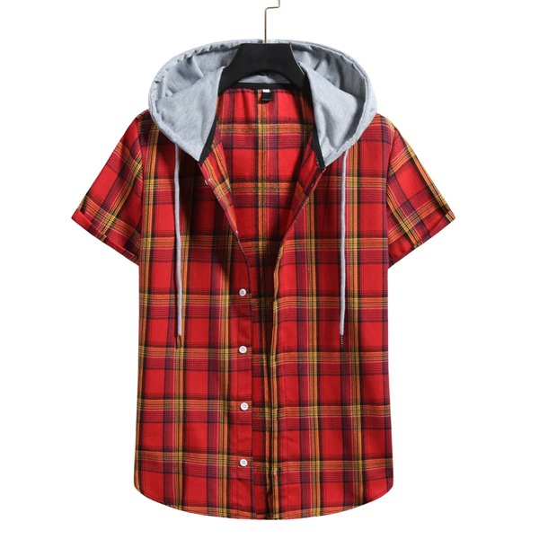 

Men Plaid Drawstring Hooded Shirt, Red