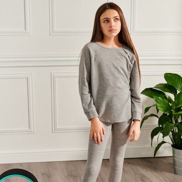 

Girls Waffle Knit Raglan Sleeve Tee & Leggings Set, Grey
