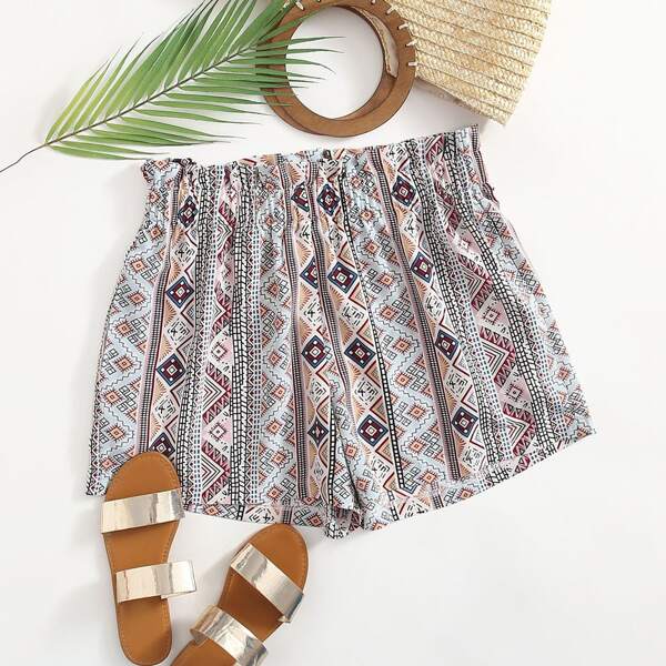

Plus Geo Print Frill Waist Shorts, Multicolor