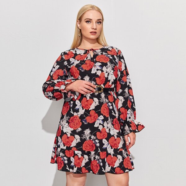 

Plus All Over Floral Print Ruffle Hem A-line Dress Without Belt, Multicolor