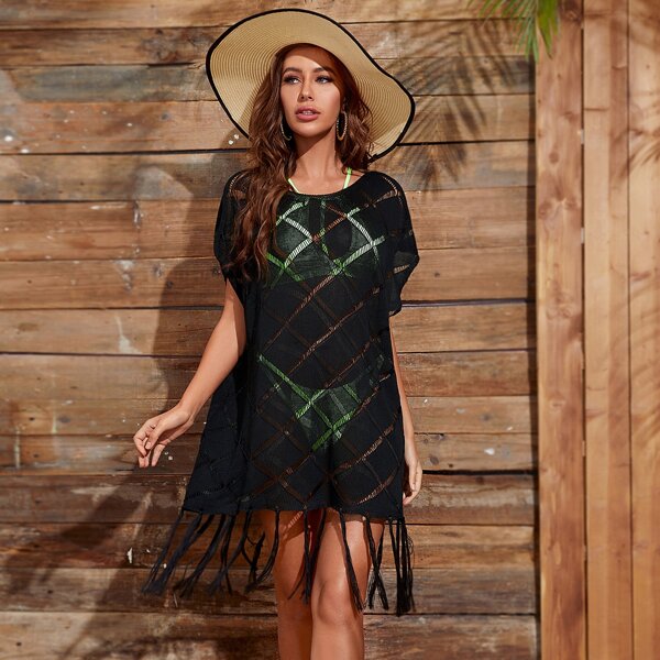 

Batwing Sleeve Fringe Hem Sheer Cover Up, Black