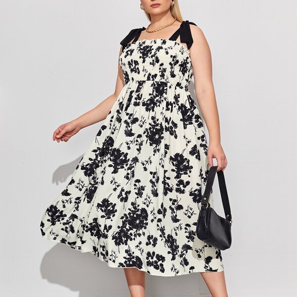 

Plus Allover Floral Tie Shoulder Dress, Black and white