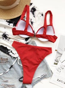 Bộ bikini cạp cao có gọng Rib cho kỳ nghỉ hè ở bãi biển - Đỏ - Xem 2