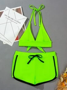 Neon Green Halter Shorts Bikini Set - Lime Green - View 4