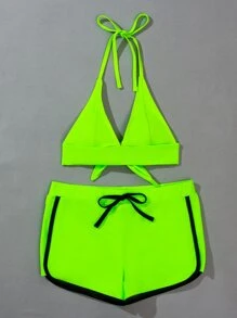 Neon Green Halter Shorts Bikini Set - Lime Green - View 5