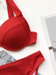 Bộ bikini cạp cao có gọng Rib cho kỳ nghỉ hè ở bãi biển - Đỏ - Xem 4