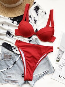 Bộ bikini cạp cao có gọng Rib cho kỳ nghỉ hè ở bãi biển - Đỏ - Xem 5
