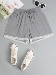 Shorts con cordón ribete con encaje - Gris - Ver 1