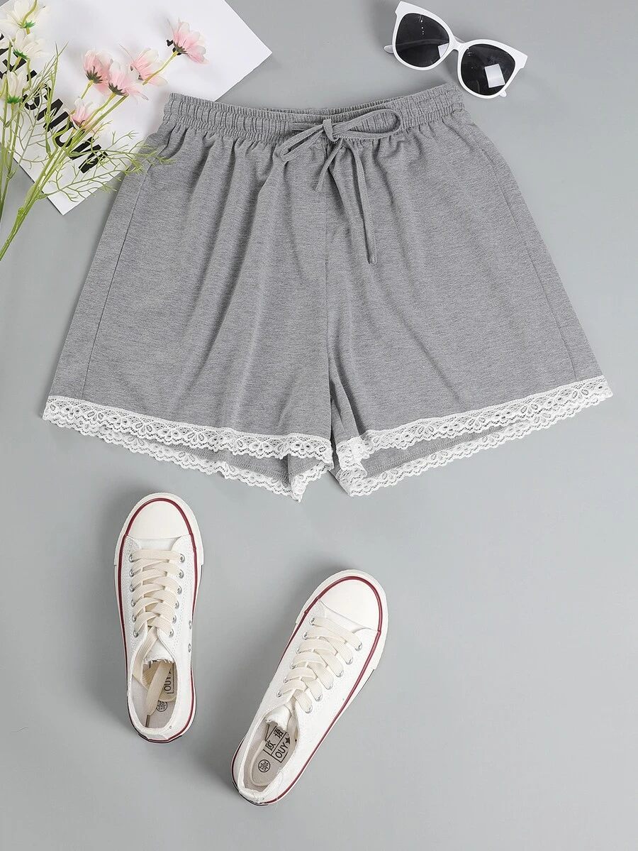 Shorts con cordón ribete con encaje - Gris - Ver 1