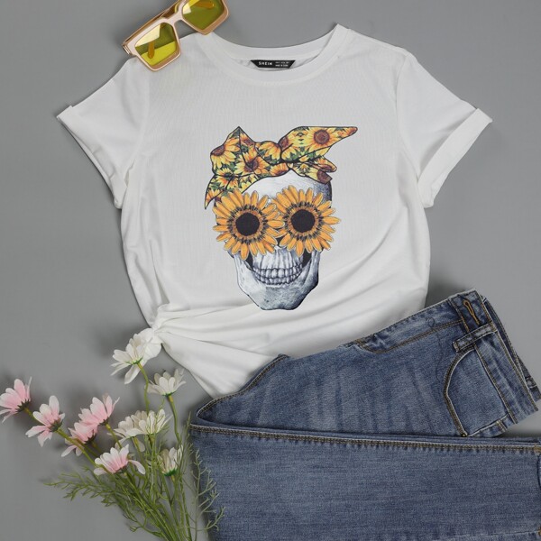 

Skeleton And Sunflower Print Tee, White