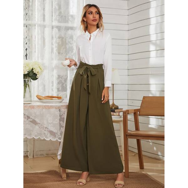 

Solid Belted Wide Leg Pants, Army green