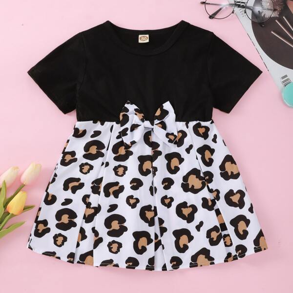 

Toddler Girls Bow Front Contrast Leopard Dress, Multicolor